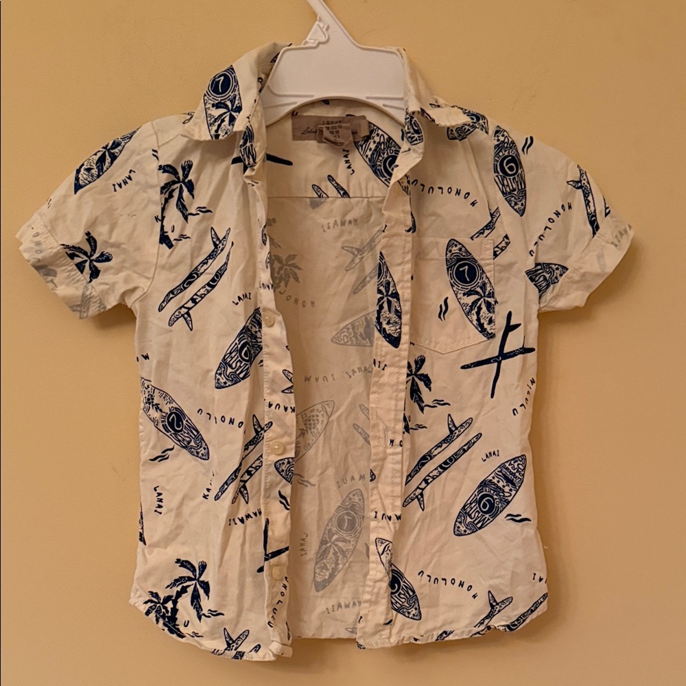 Nautical Print Kids Button Down Shirt - Cream and Blue Sz 2-3Y‎